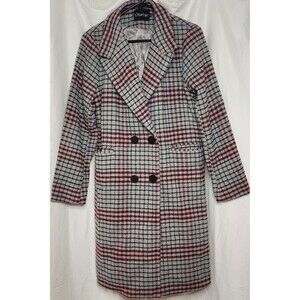 Chartou Plaid Pea Coat M Grey Red Black Wool Blend Luxe Longline Structured